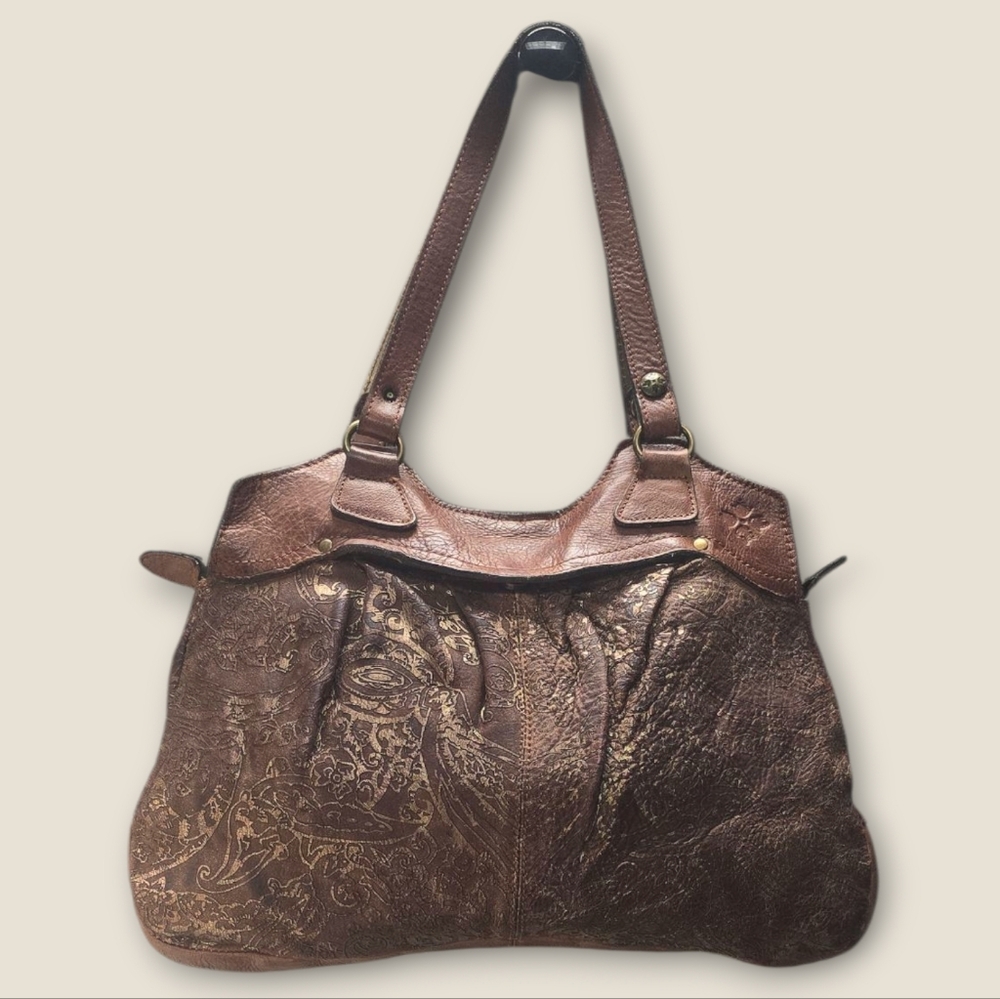 Patricia Nash Napoli Brown Handbag Bag Satchel Gold Etched Leather Large Hobo